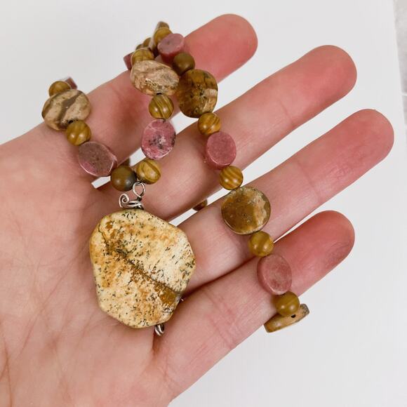 VTG Gemstone Rhodonite Picture Jasper Boho Artisan Necklace Statement Pendant - Picture 6 of 15